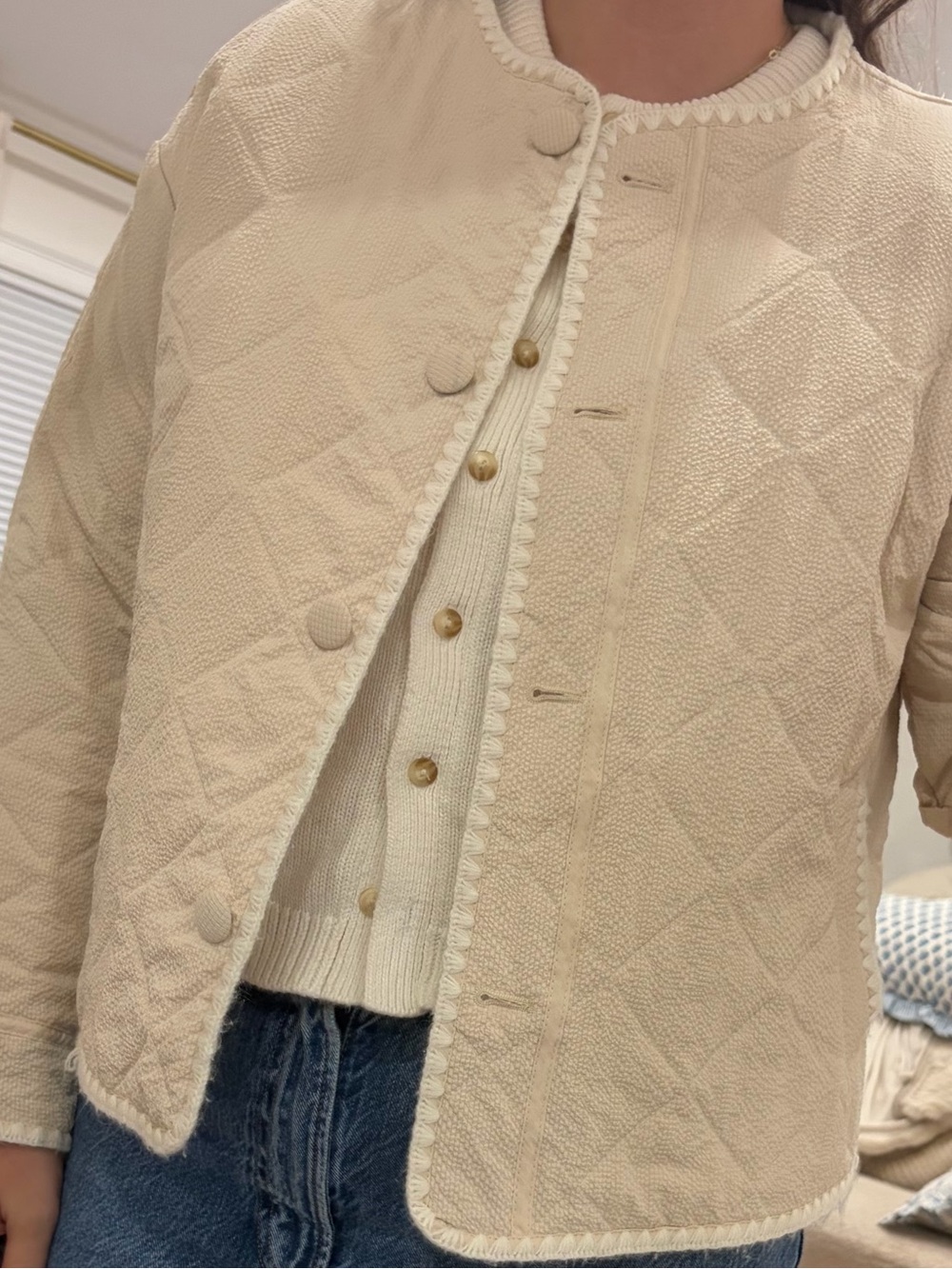 bagatelle Cream Quilted Boxy Jacket with Scalloped Trim